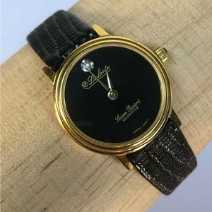 Dufonte by Lucien Piccard Womens Gold Tone Petite Black Leather Quartz Watch